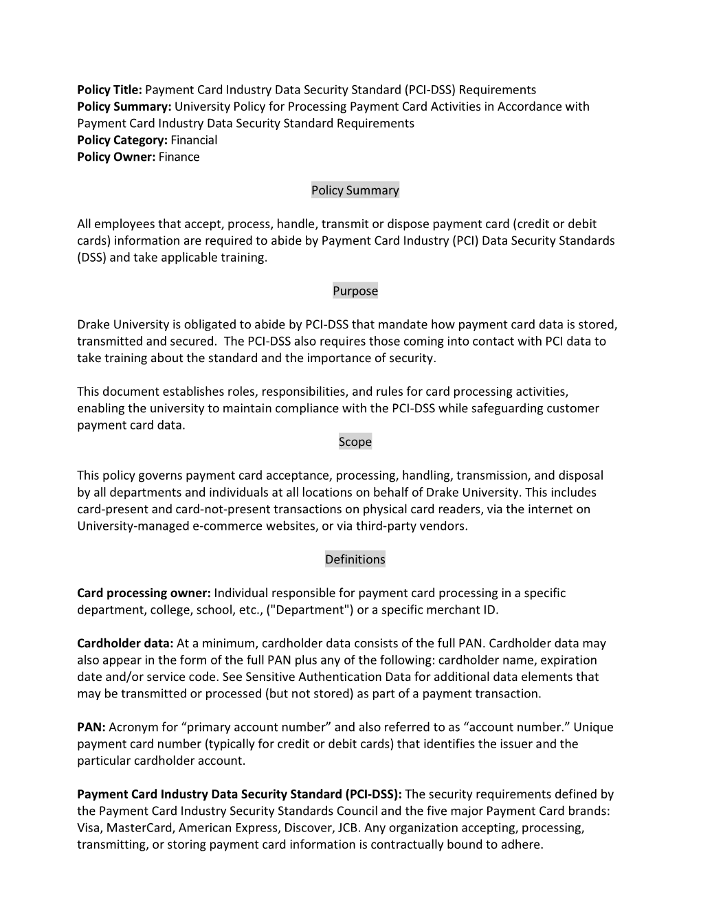 Policy Title: Payment Card Industry Data Security Standard (PCI-DSS