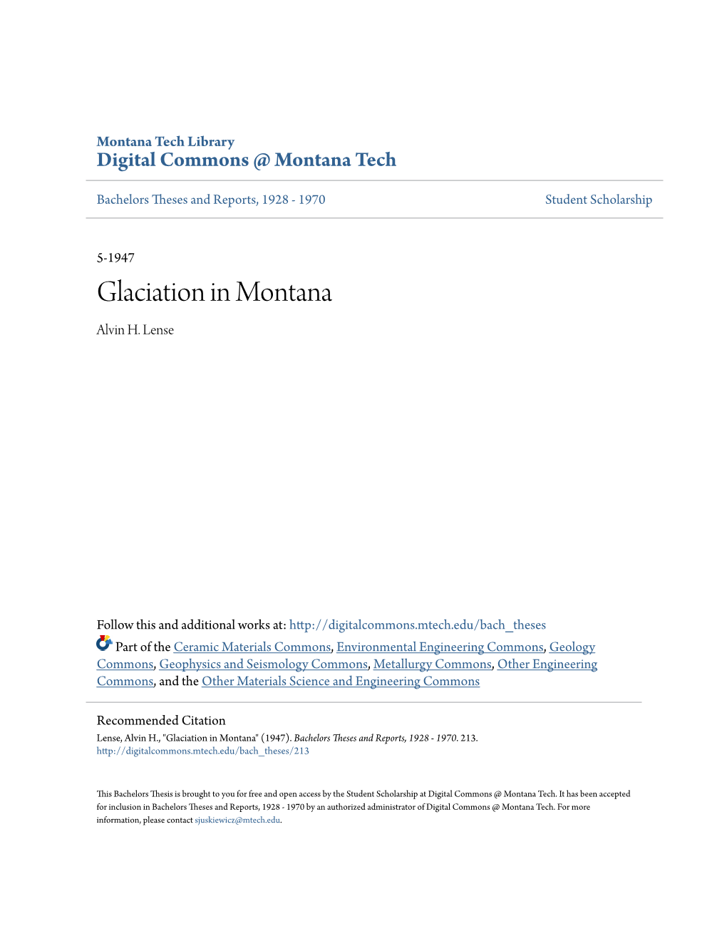 Glaciation in Montana Alvin H