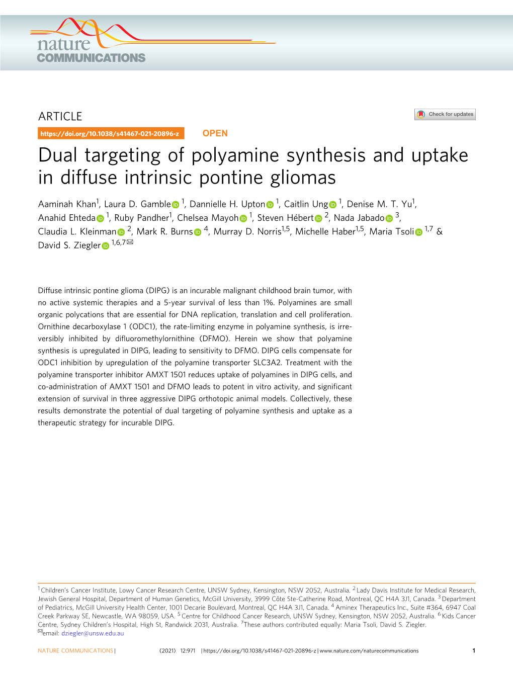 Dual Targeting of Polyamine Synthesis and Uptake in Diffuse Intrinsic Pontine Gliomas