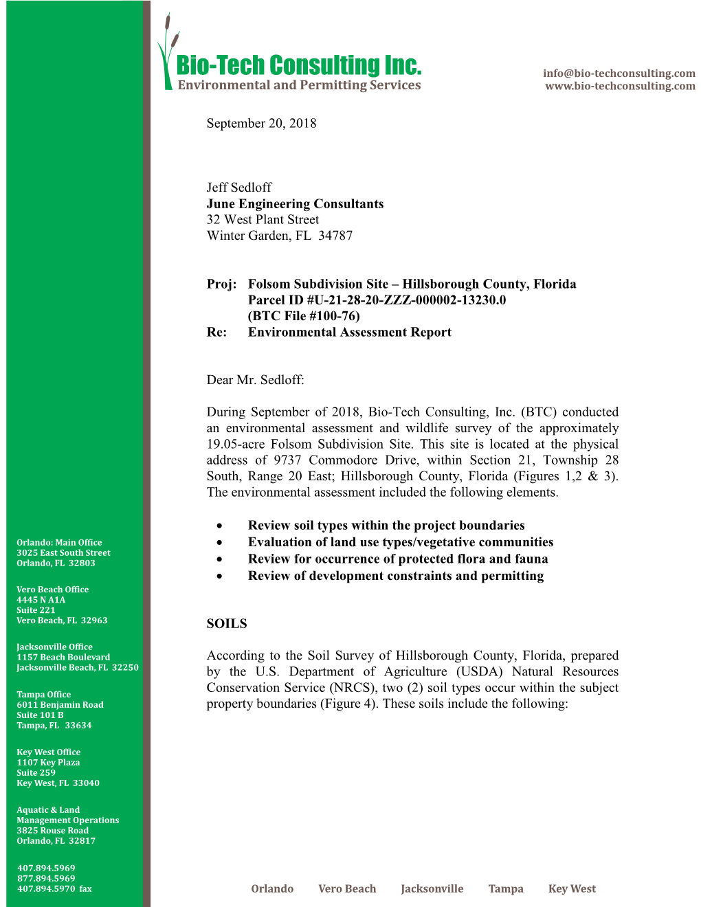 September 20, 2018 Jeff Sedloff June Engineering Consultants 32 West Plant Street Winter Garden, FL 34787 Proj