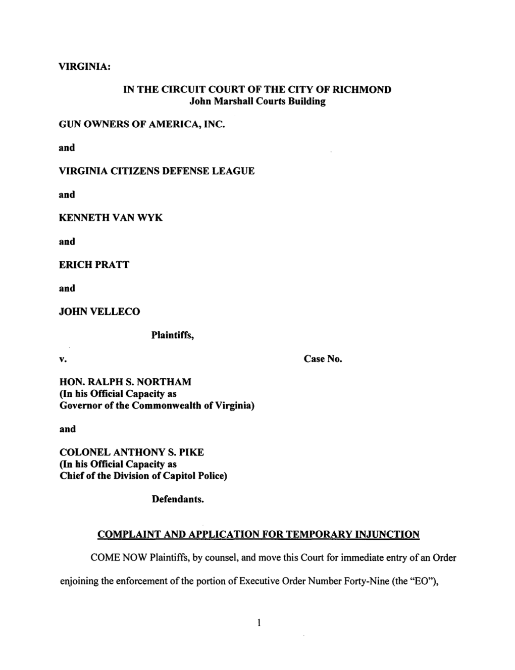 VIRGINIA: in the CIRCUIT COURT of the CITY of RICHMOND John Marshall Courts Building GUN OWNERS of AMERICA, INC. and VIRGINIA CI