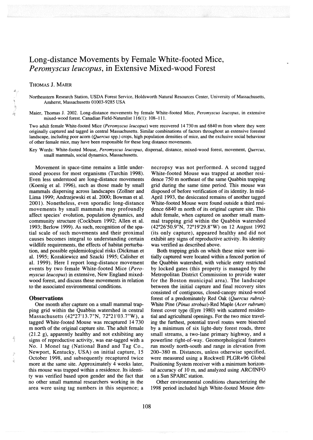 Long-Distance Movements by Female White-Footed Mice, Peromyscus Leucopus, in Extensive Mixed-Wood Forest