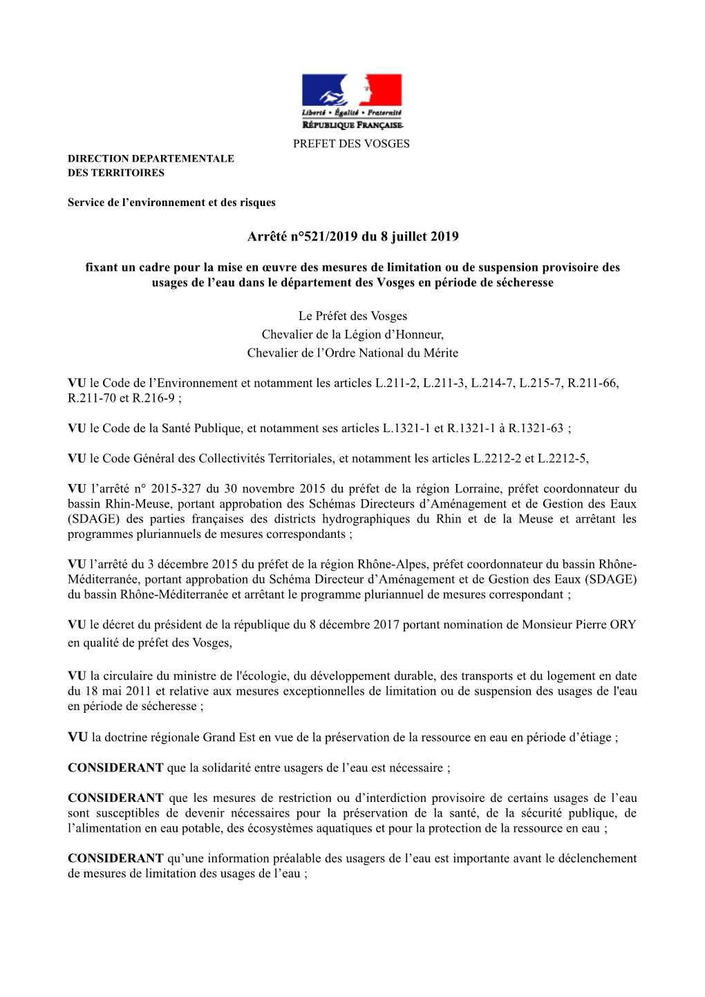 Arrêté N°521/2019 Du 08/07/2019 Fixant Le Cadre Pour La Mise En Oeuvre