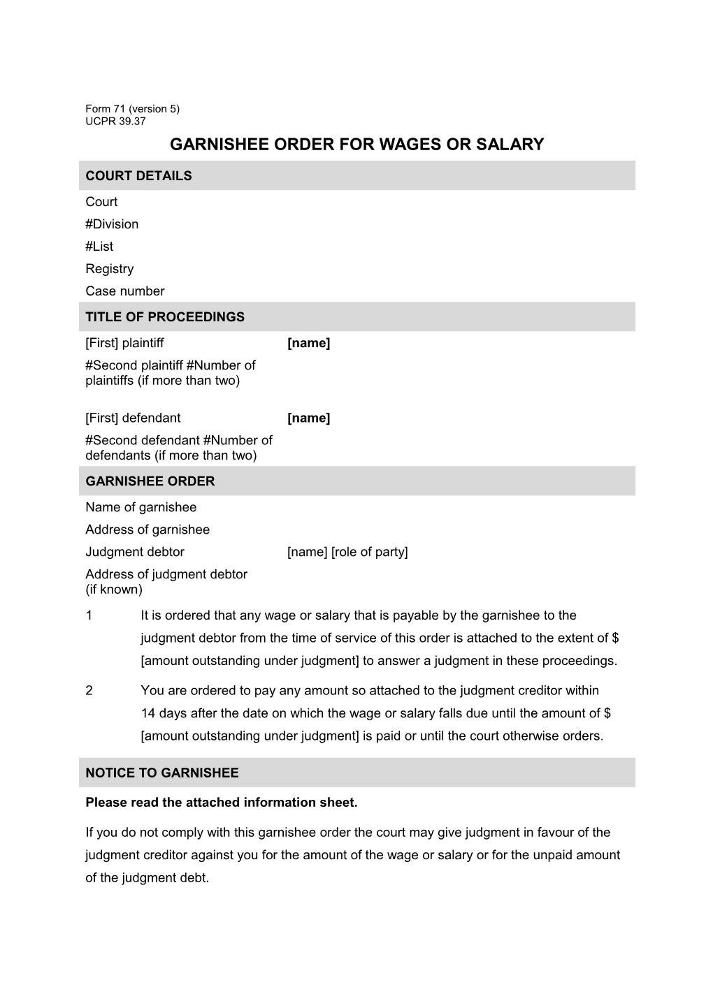 NSW UCPR Form 71 (Version 2) - Garnishee Order for Wages Or Salary s1