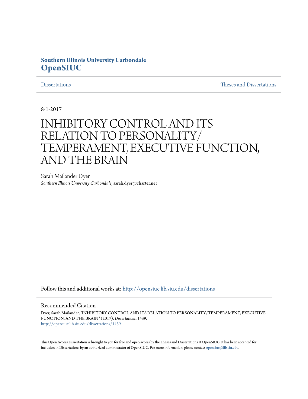 Inhibitory Control and Its Relation to Personality/Temperament, Executive Function, and the Brain