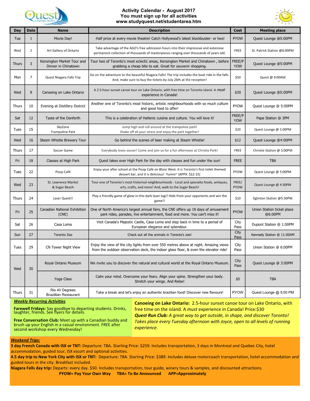 Activity Calendar - August 2017 You Must Sign up for All Activities