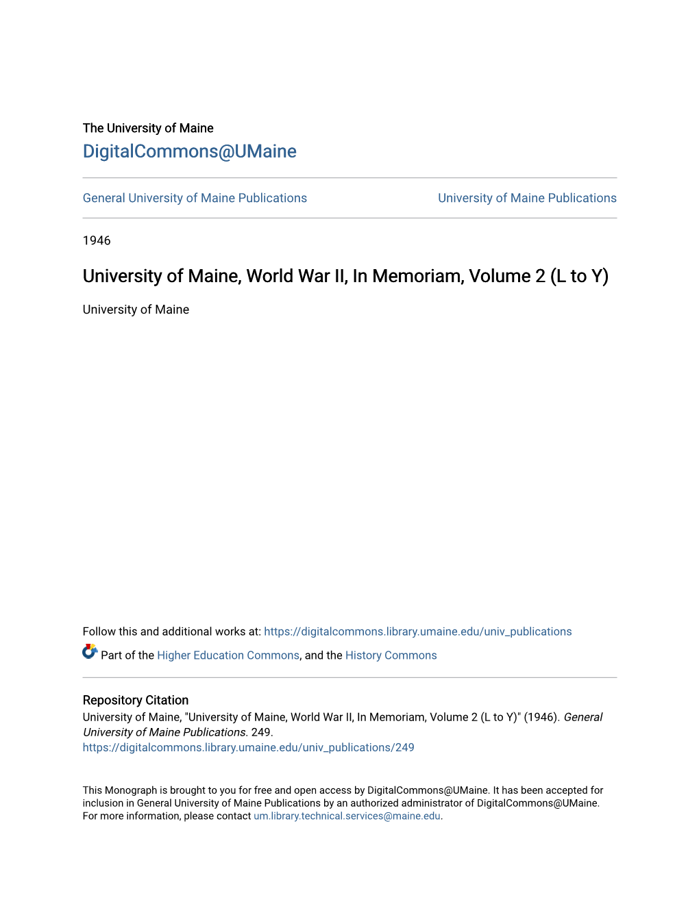 University of Maine, World War II, in Memoriam, Volume 2 (L to Y)