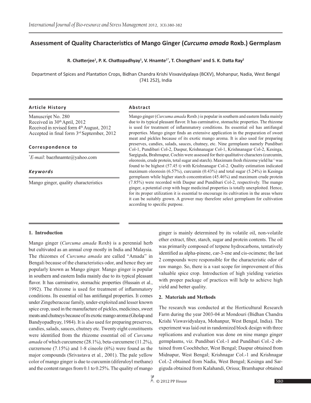 Assessment of Quality Characteristics of Mango Ginger (Curcuma Amada Roxb.) Germplasm