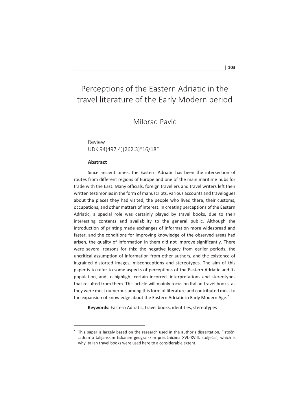 Perceptions of the Eastern Adriatic in the Travel Literature of the Early Modern Period
