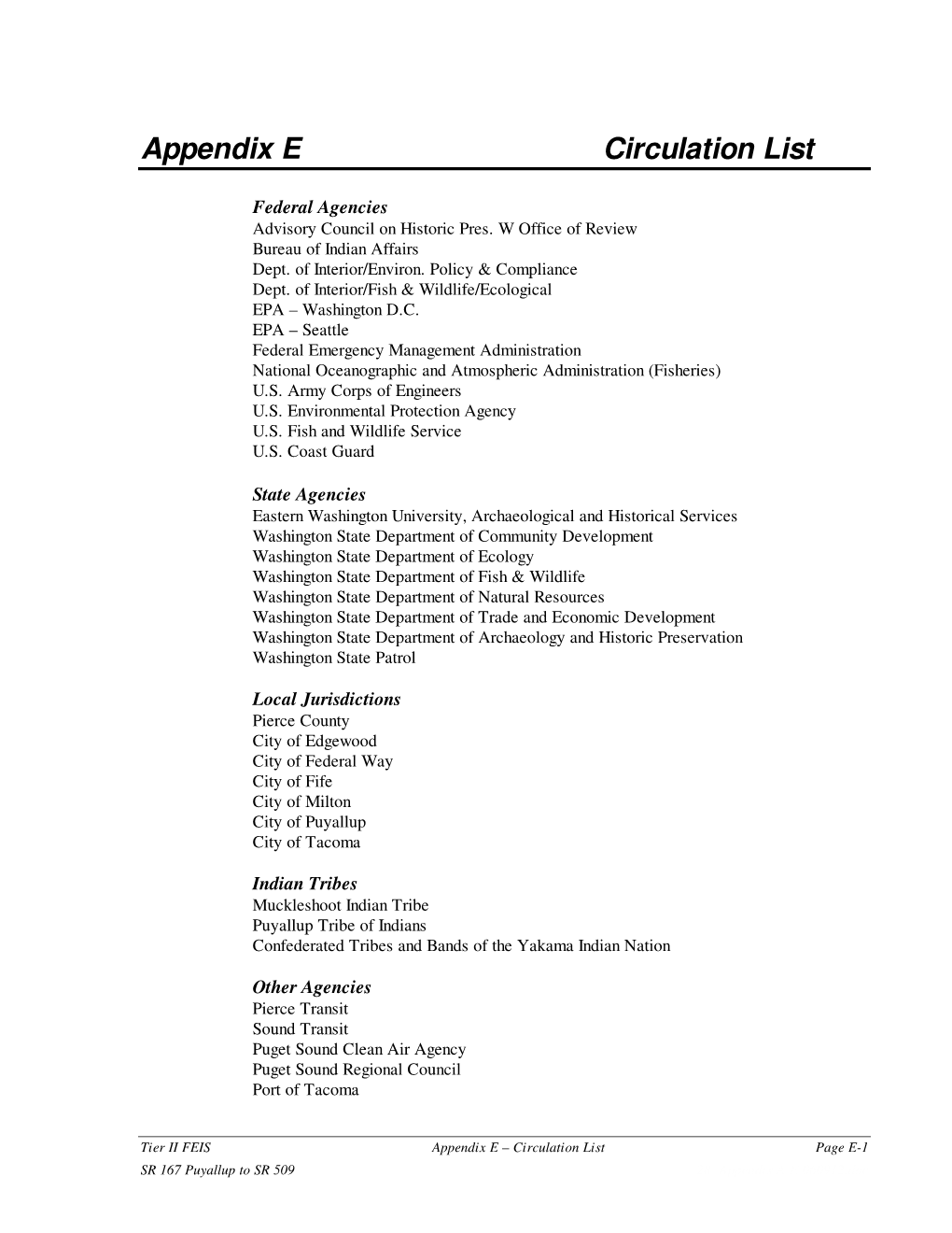 SR 167 Tier II FEIS Appendix E Circulation List