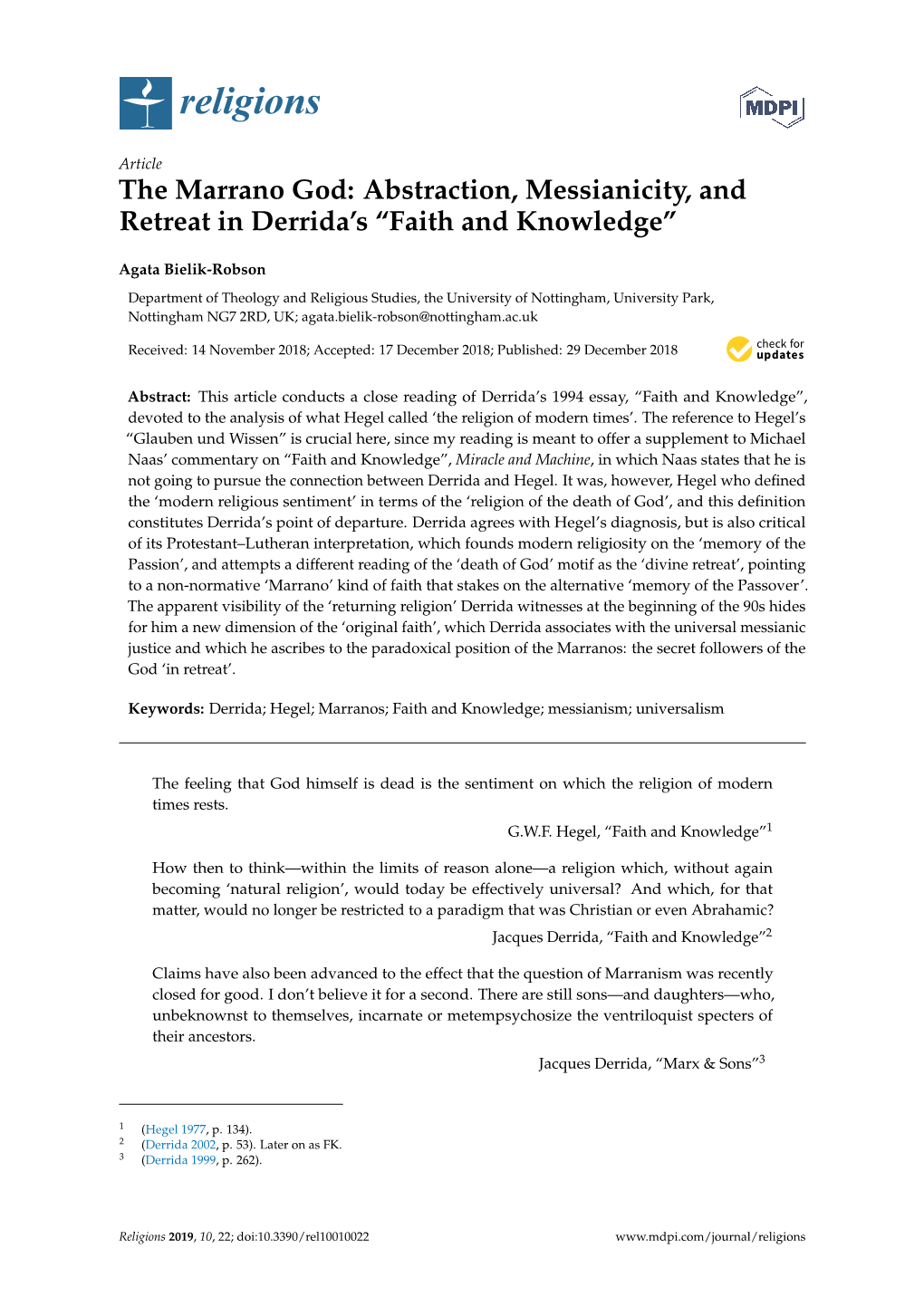 Abstraction, Messianicity, and Retreat in Derrida's “Faith and Knowledge”