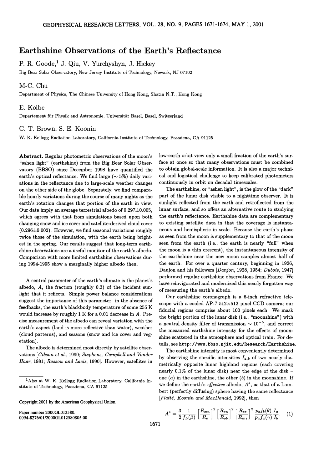 Earthshine Observations of the Earths Reflectance