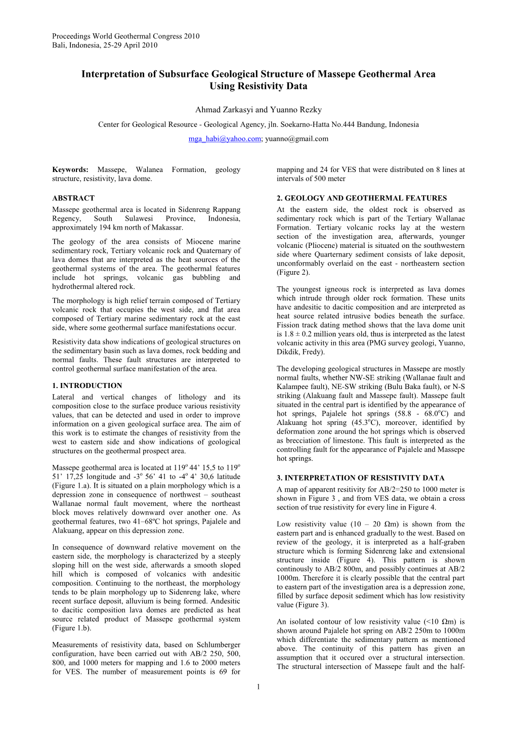 Interpretation of Subsurface Geological Structure of Massepe Geothermal Area Using Resistivity Data