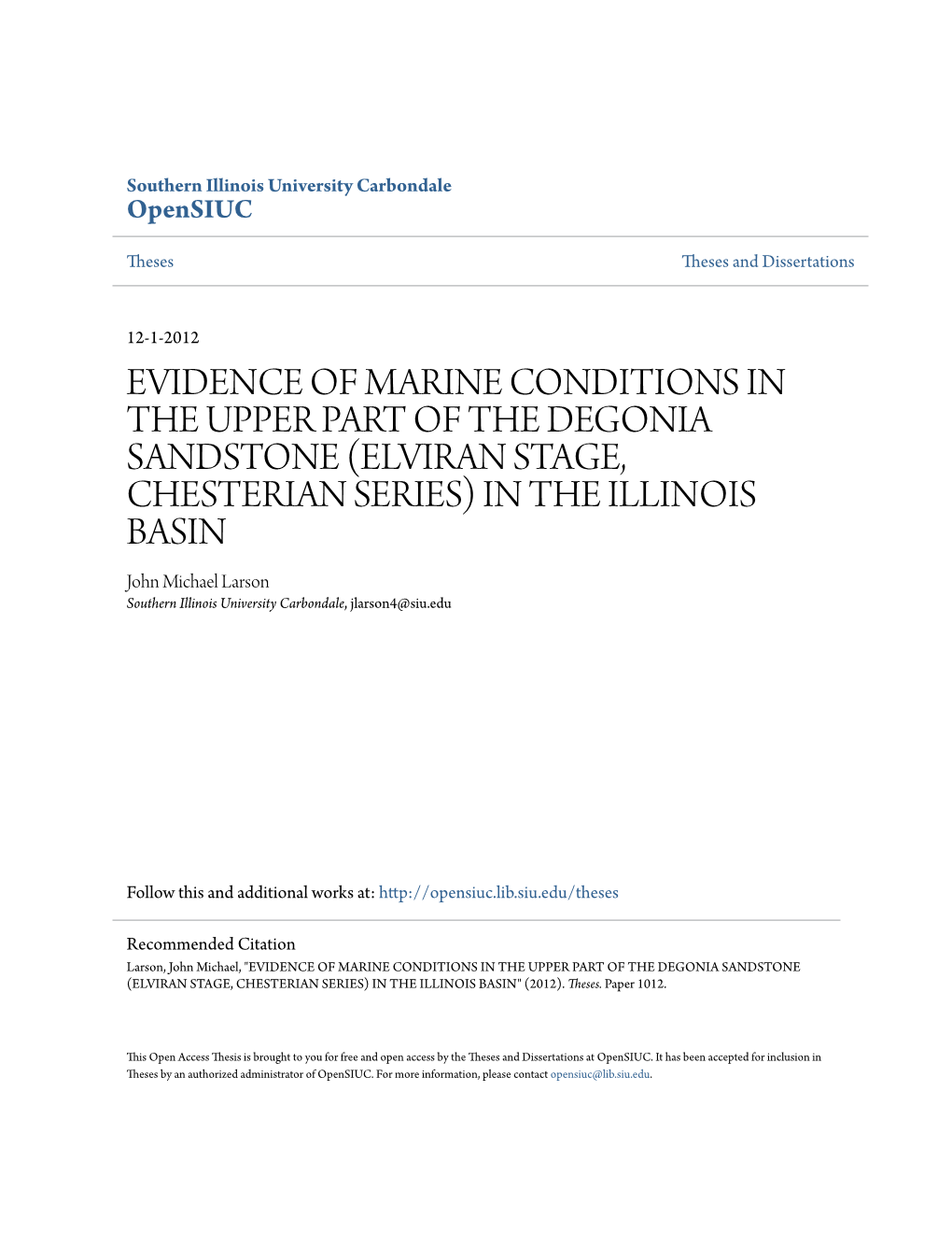 Evidence of Marine Conditions in the Upper Part of the Degonia Sandstone (Elviran Stage, Chesterian Series) in the Illinois Basin