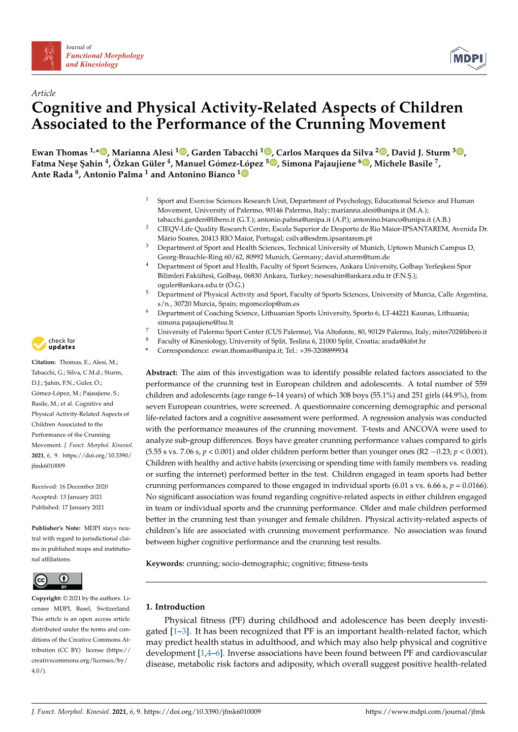 Cognitive and Physical Activity-Related Aspects of Children Associated to the Performance of the Crunning Movement