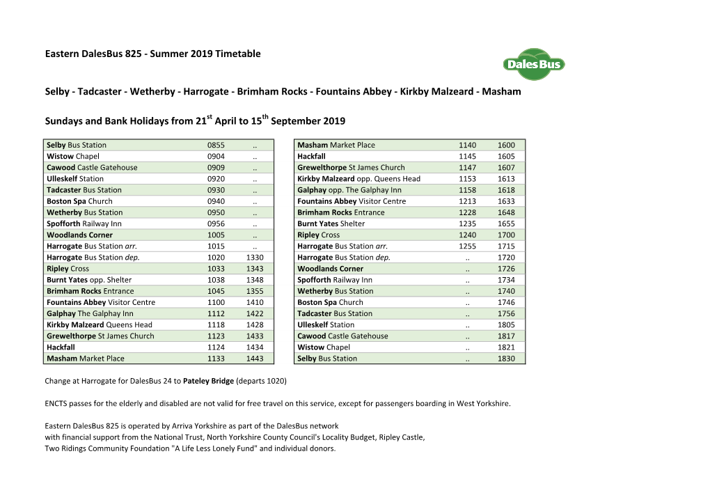 Eastern Dalesbus 825 - Summer 2019 Timetable