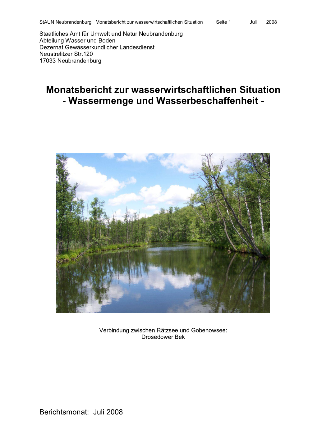 Monatsbericht Zur Wasserwirtschaftlichen Situation Seite 1 Juli 2008