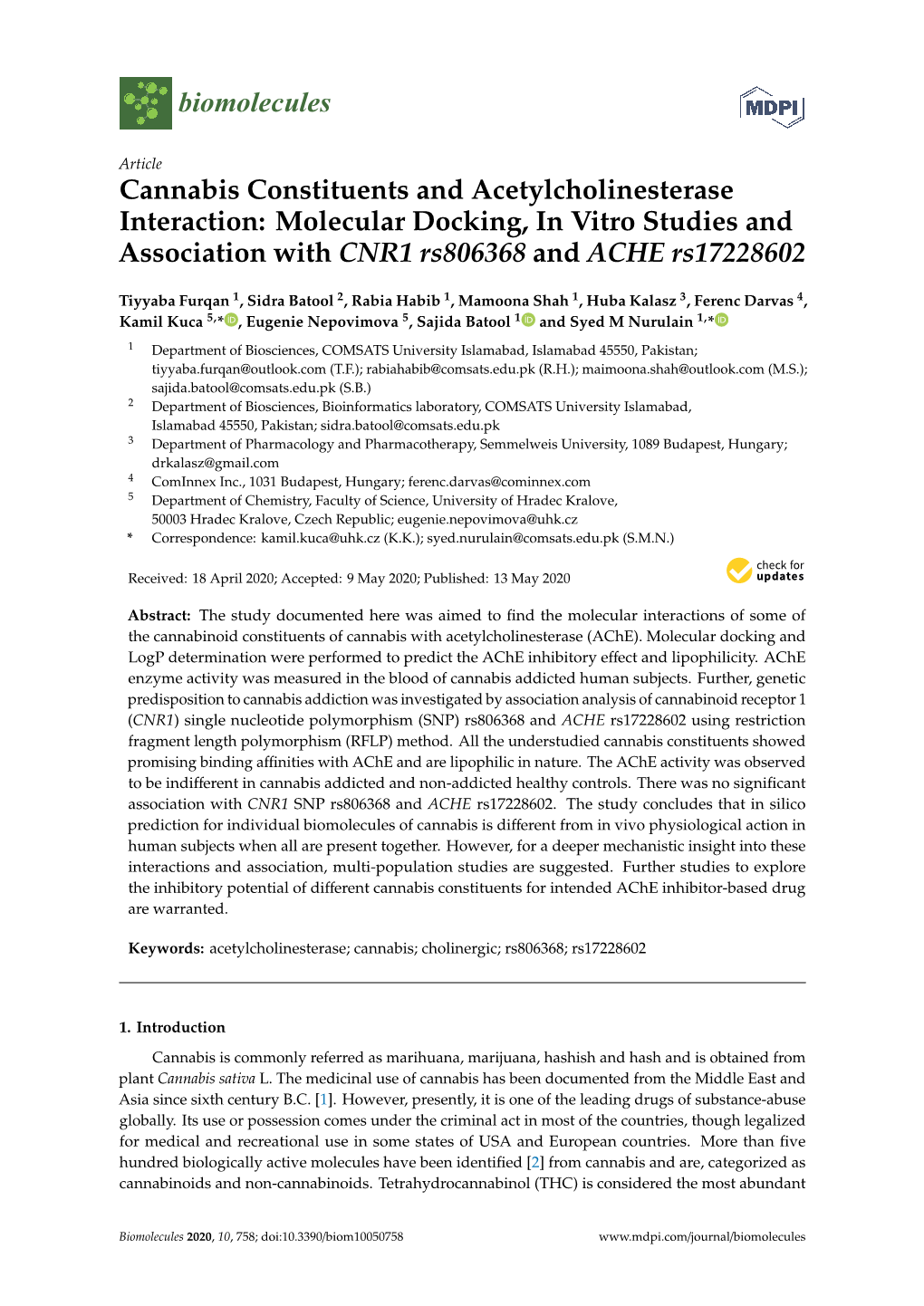 Cannabis Constituents and Acetylcholinesterase Interaction: Molecular Docking, in Vitro Studies and Association with CNR1 Rs806368 and ACHE Rs17228602