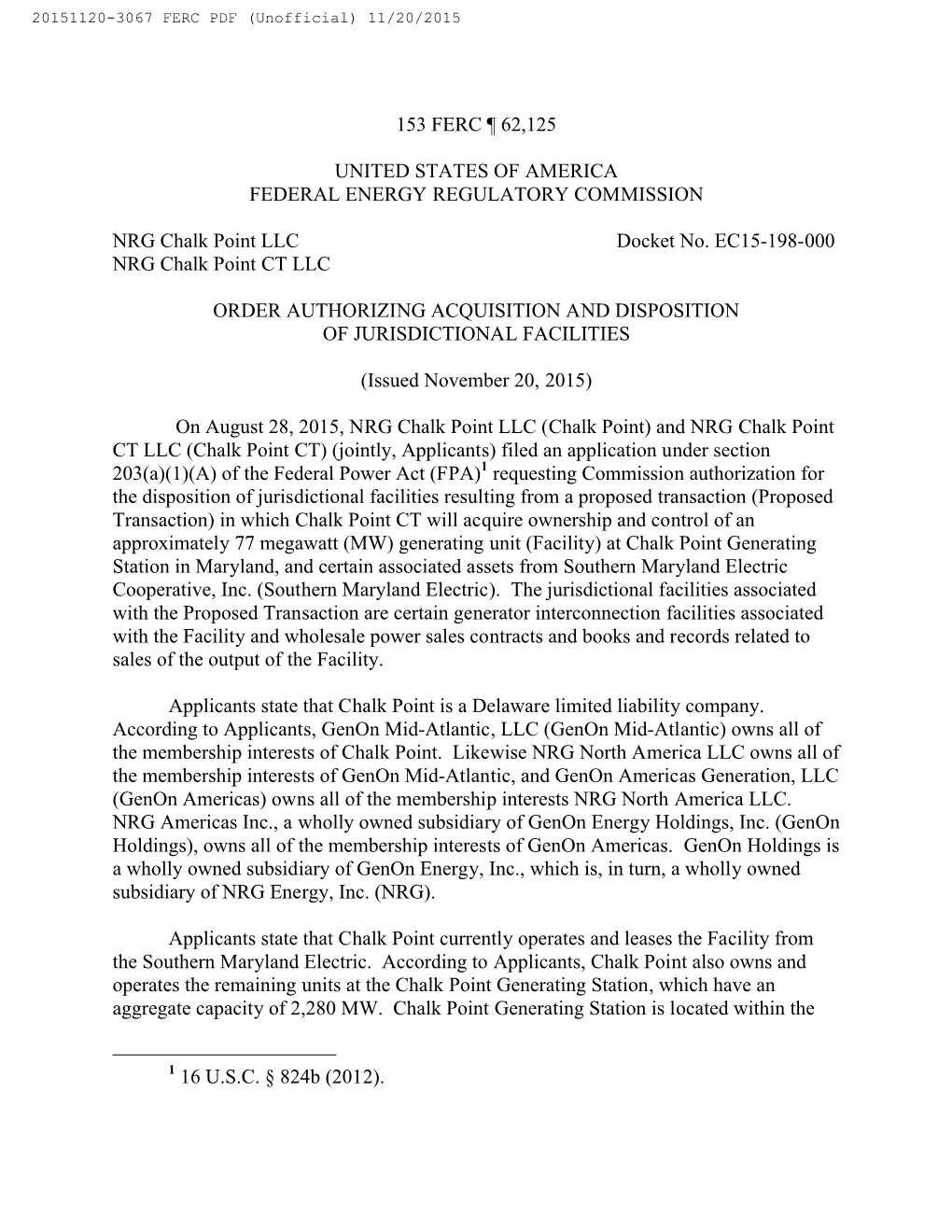 FERC NOV 20 2015 NRG Chalk Point Order.Pdf