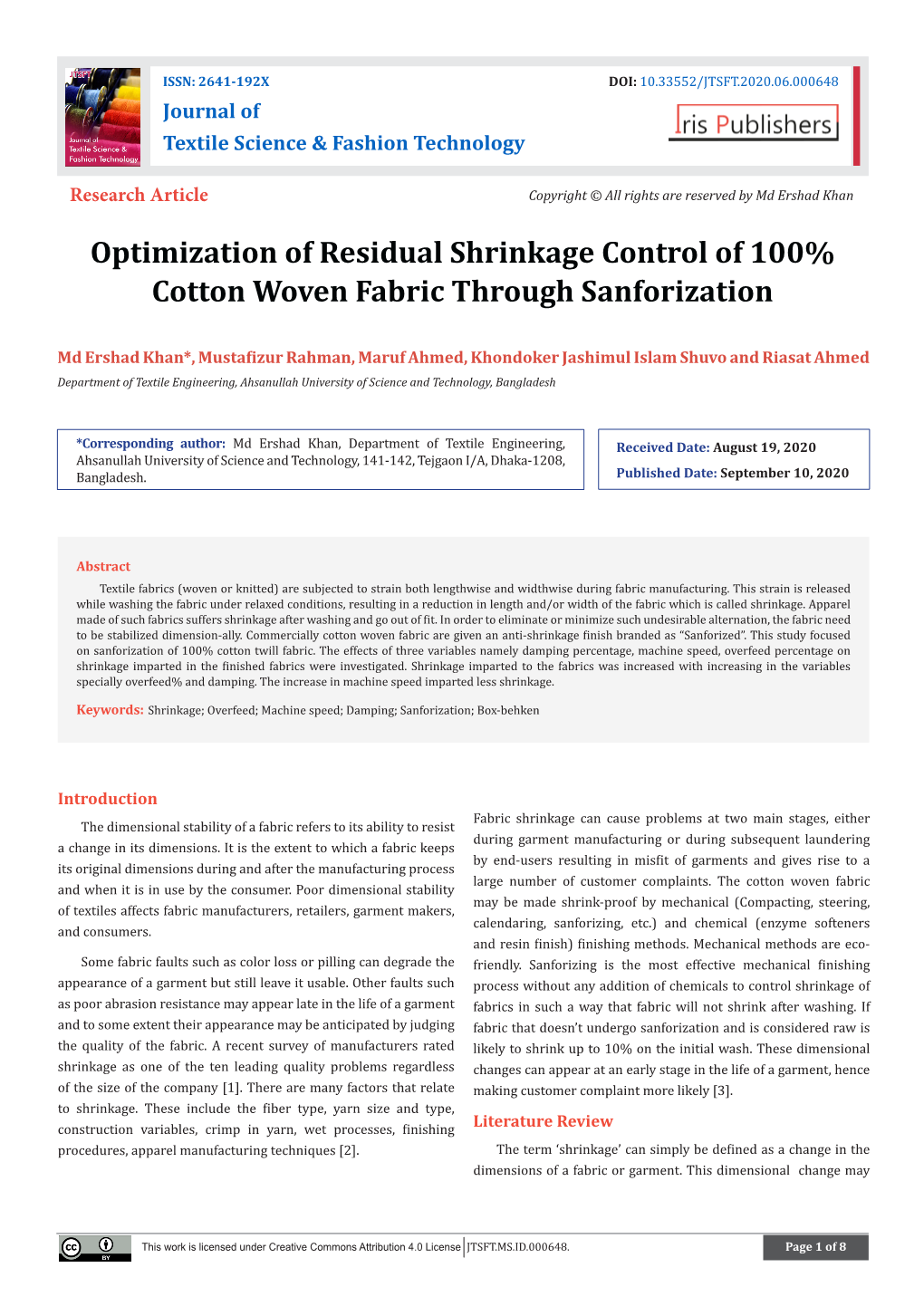 Optimization of Residual Shrinkage Control of 100% Cotton Woven Fabric Through Sanforization