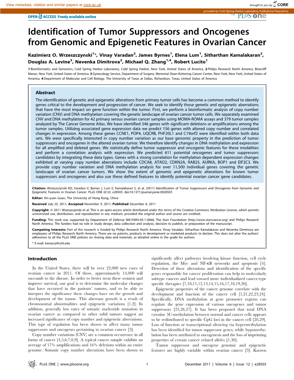 Identification of Tumor Suppressors and Oncogenes from Genomic and Epigenetic Features in Ovarian Cancer