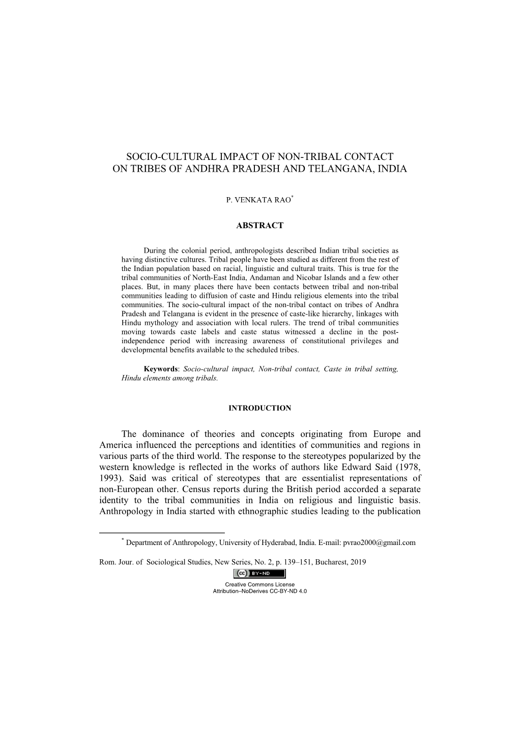 Socio-Cultural Impact of Non-Tribal Contact on Tribes of Andhra Pradesh and Telangana, India