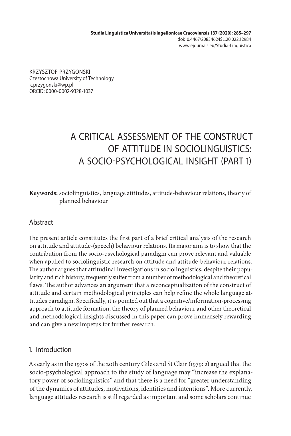 A Critical Assessment of the Construct of Attitude in Sociolinguistics: a Socio-Psychological Insight (Part 1)