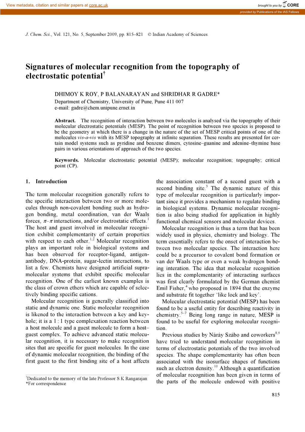 Signatures of Molecular Recognition from the Topography of Electrostatic Potential†