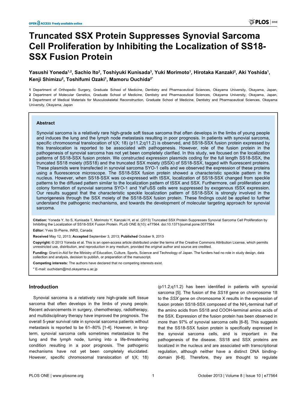 Truncated SSX Protein Suppresses Synovial Sarcoma Cell Proliferation by Inhibiting the Localization of SS18- SSX Fusion Protein