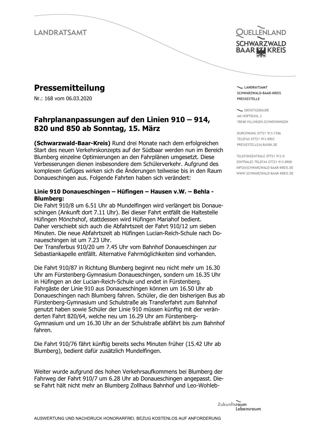 Pressemitteilung LANDRATSAMT SCHWARZWALD-BAAR-KREIS Nr.: 168 Vom 06.03.2020 PRESSESTELLE
