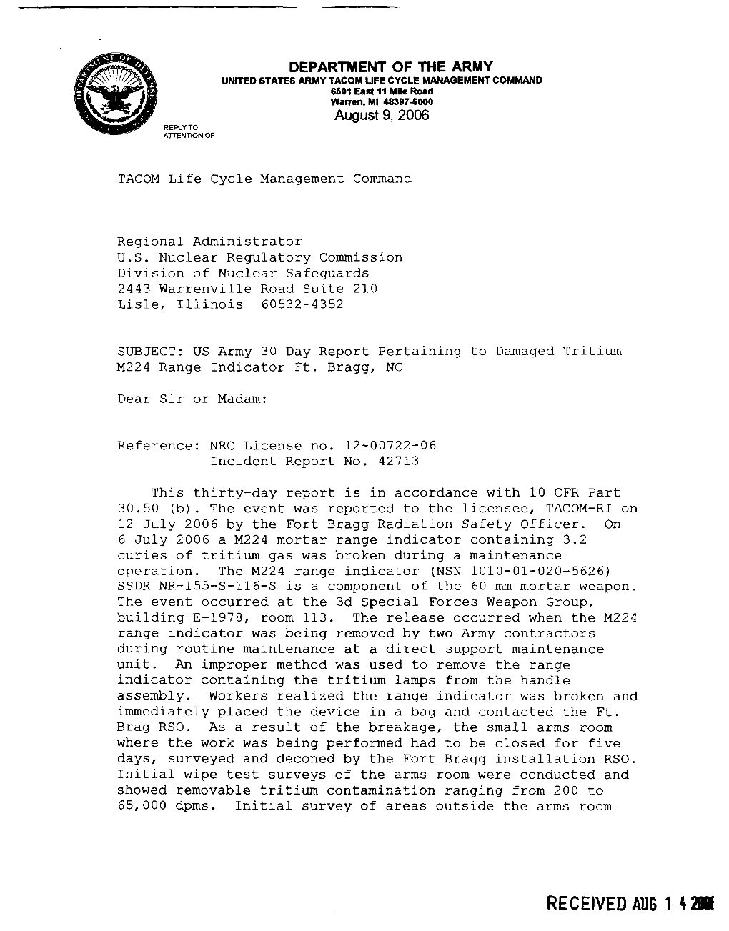 U. S. Army 30 Day Report Pertaining to Damaged Tritium M224 Range