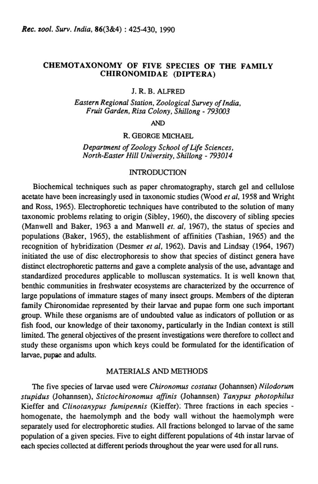 Chemotaxonomy of Five Species of the Family Chironomidae (Diptera)