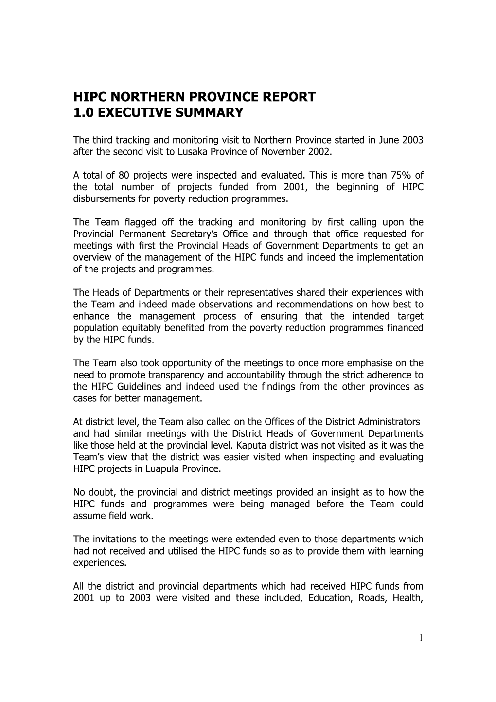 Hipc Northern Province Report 1.0 Executive Summary