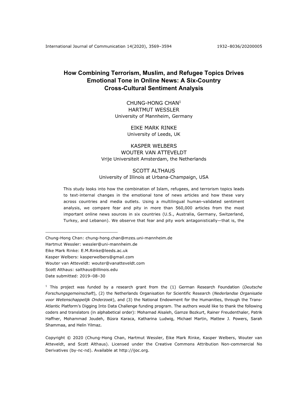 How Combining Terrorism, Muslim, and Refugee Topics Drives Emotional Tone in Online News: a Six-Country Cross-Cultural Sentiment Analysis