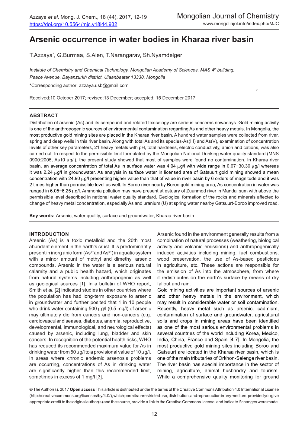 Arsenic Occurrence in Water Bodies in Kharaa River Basin