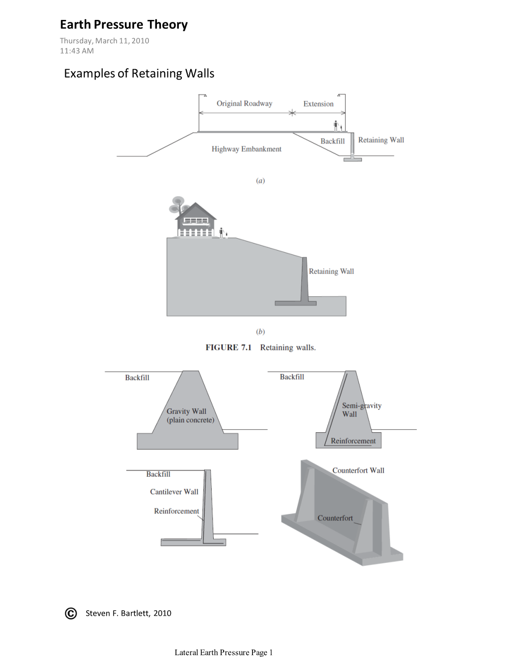 Earth Pressure Theory Thursday, March 11, 2010 11:43 AM Examples of Retaining Walls