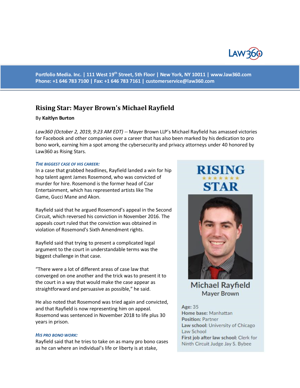 Rising Star: Mayer Brown's Michael Rayfield by Kaitlyn Burton