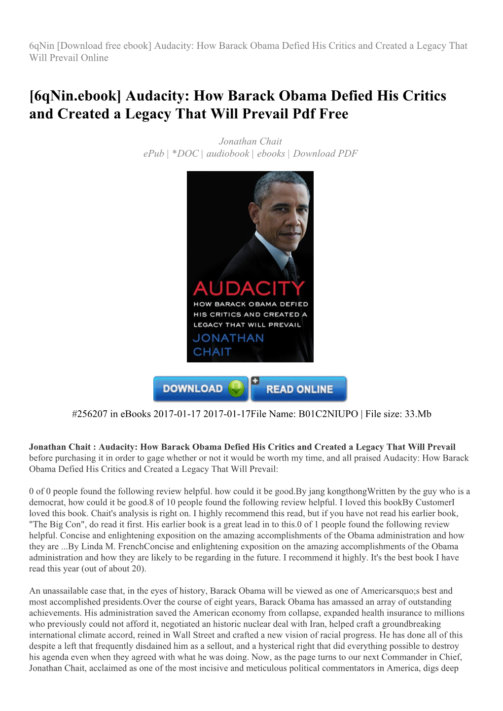 Audacity: How Barack Obama Defied His Critics and Created a Legacy That Will Prevail Online