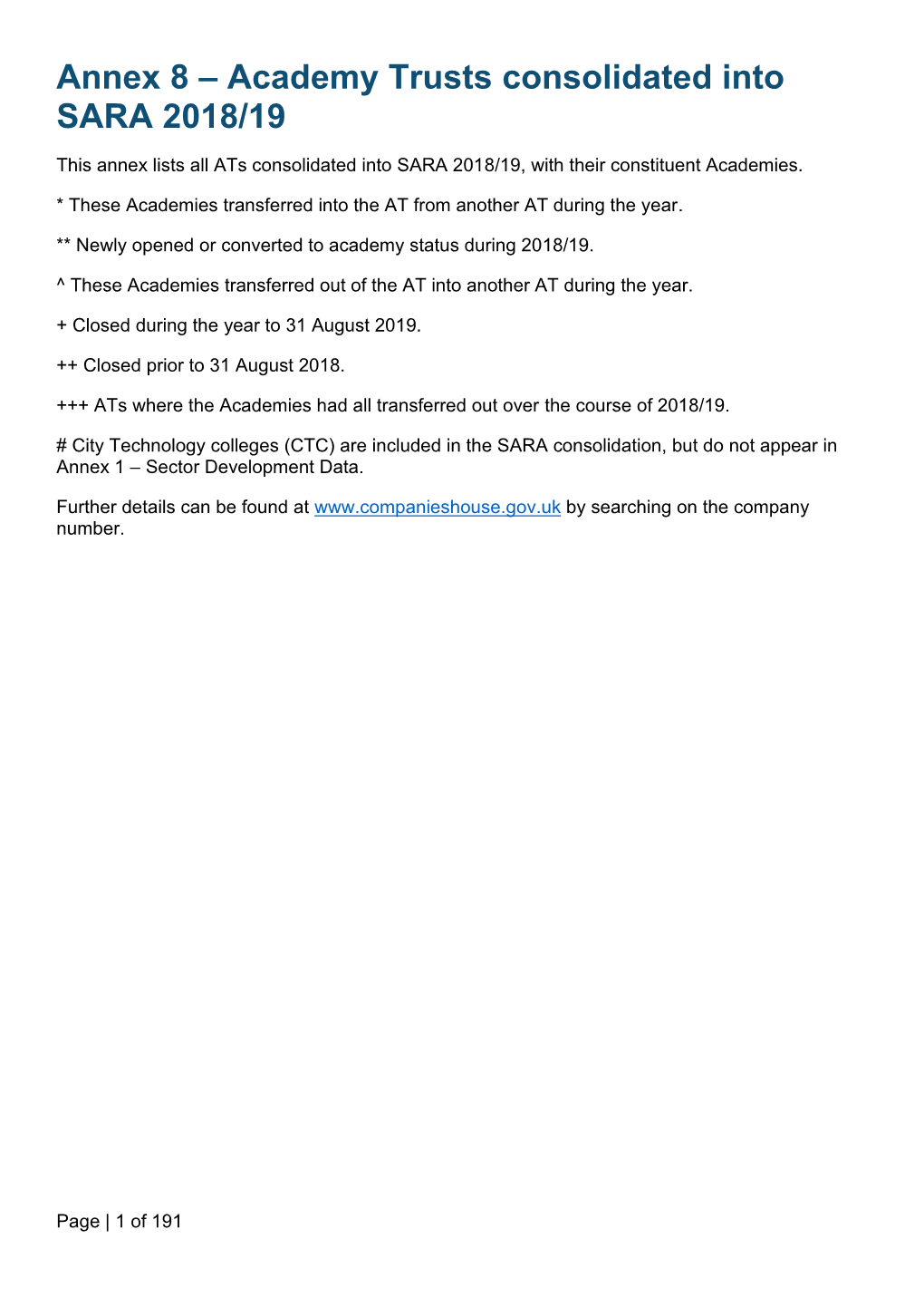 Annex 8 – Academy Trusts Consolidated Into SARA 2018/19 This Annex Lists All Ats Consolidated Into SARA 2018/19, with Their Constituent Academies