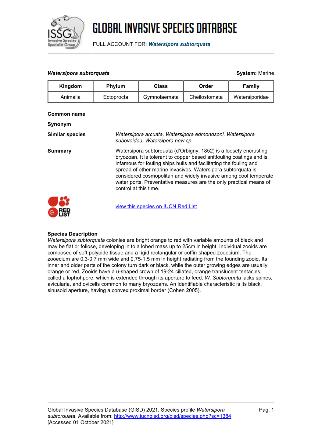 Watersipora Subtorquata Global Invasive Species Database (GISD)