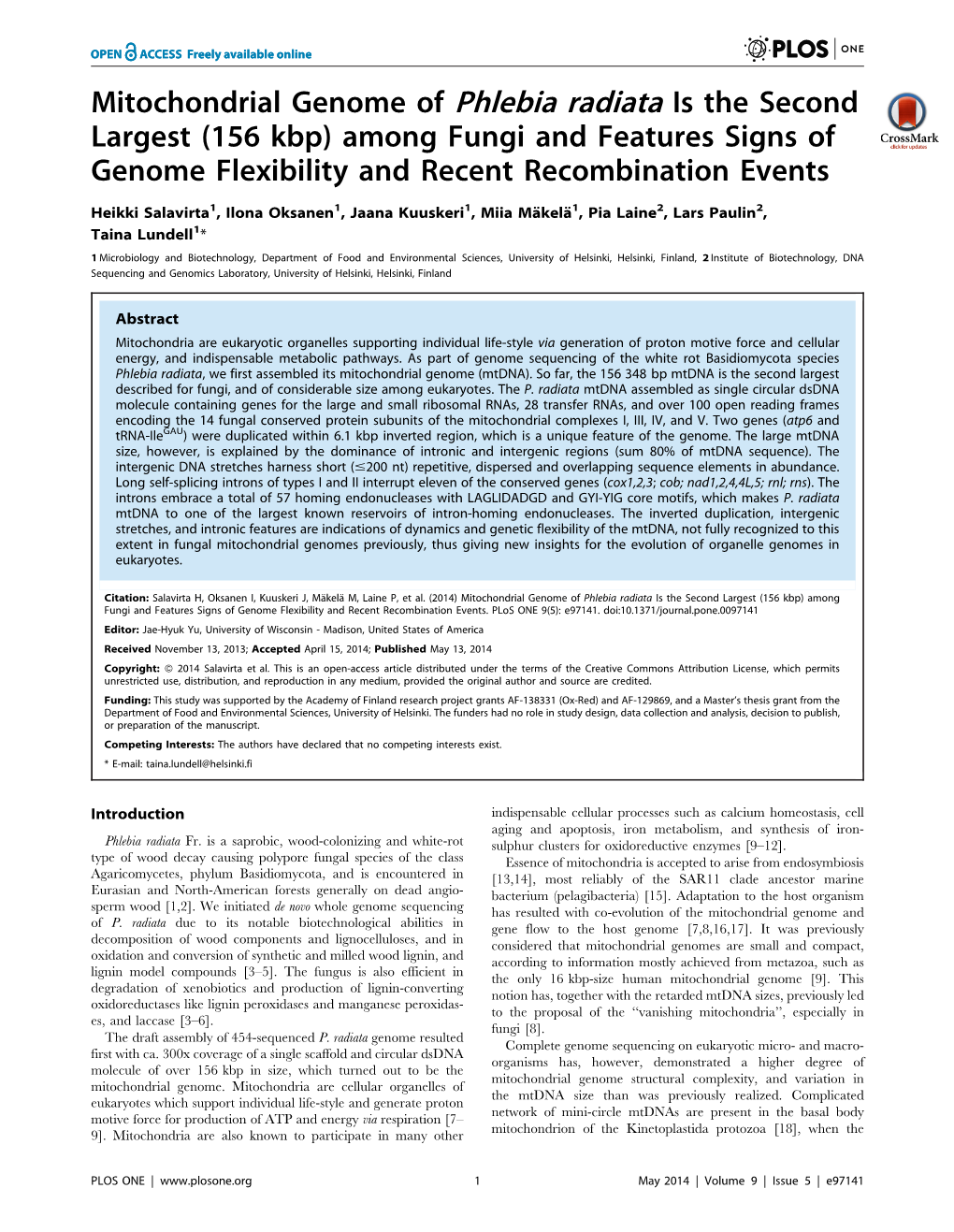 Mitochondrial Genome of Phlebia Radiata Is the Second Largest (156 Kbp) Among Fungi and Features Signs of Genome Flexibility and Recent Recombination Events