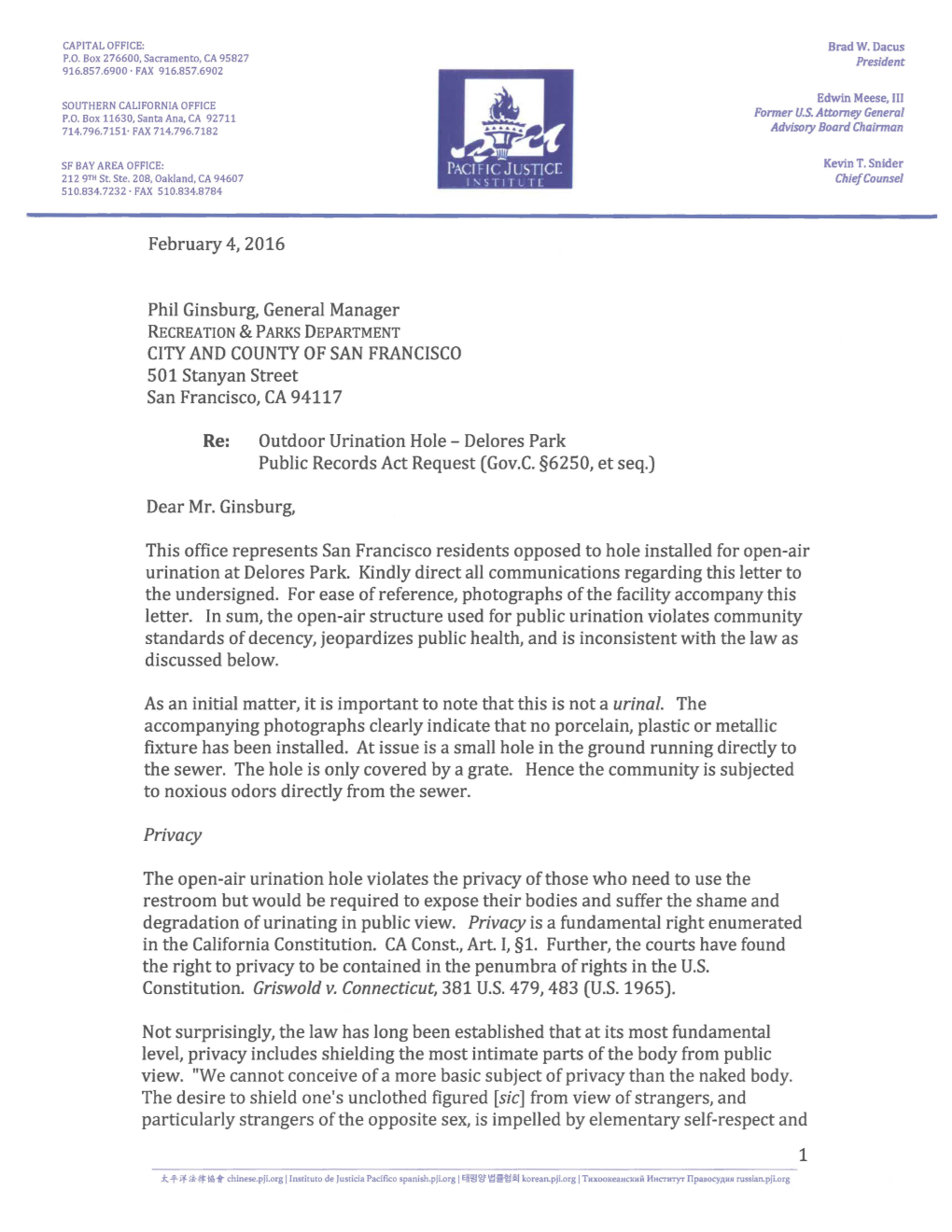 Pacific Justice Institute Letter to Phil Ginsburg
