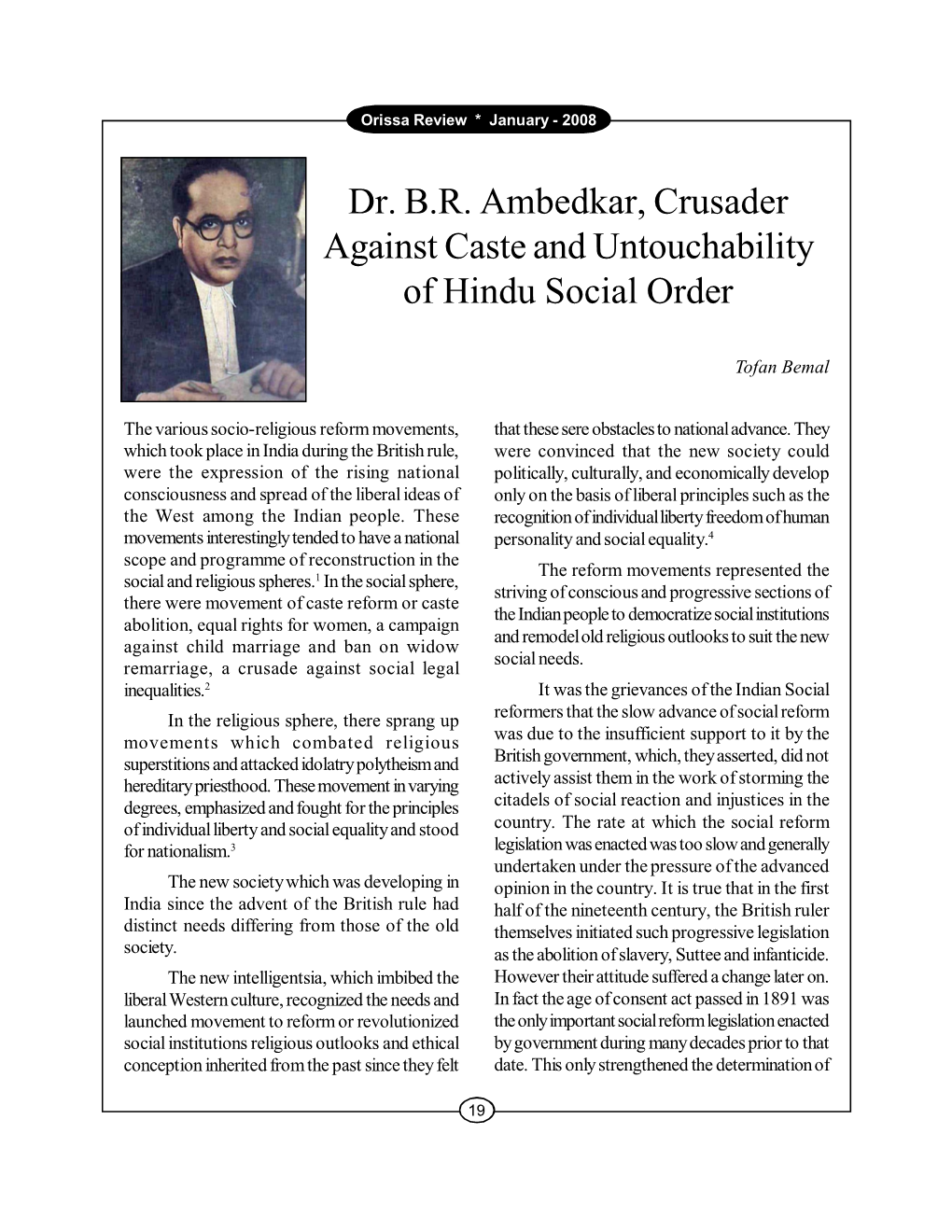 Dr. B.R. Ambedkar, Crusader Against Caste and Untouchability of Hindu Social Order