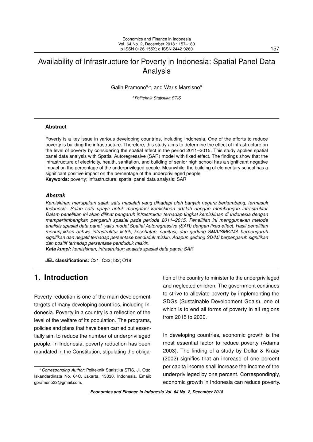 Availability of Infrastructure for Poverty in Indonesia: Spatial Panel Data Analysis