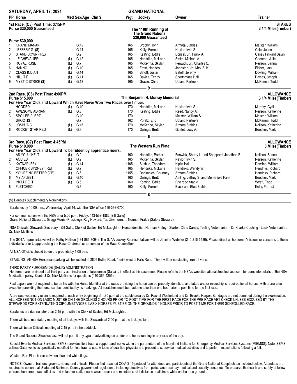 SATURDAY, APRIL 17, 2021 GRAND NATIONAL PP Horse Med Sex/Age Clm $ Wgt Jockey Owner Trainer 1St Race