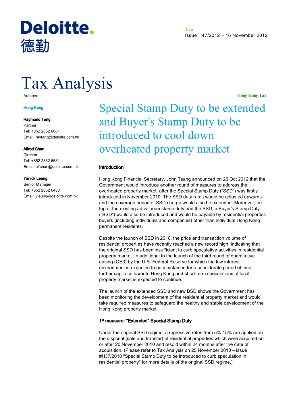 Tax Analysis Authors: Hong Kong Tax