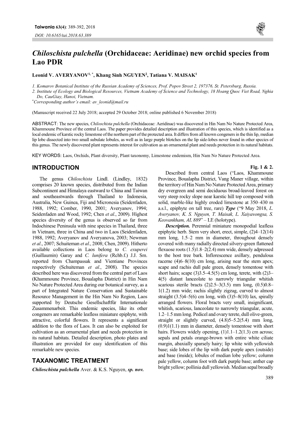 Orchidaceae: Aeridinae) New Orchid Species from Lao PDR