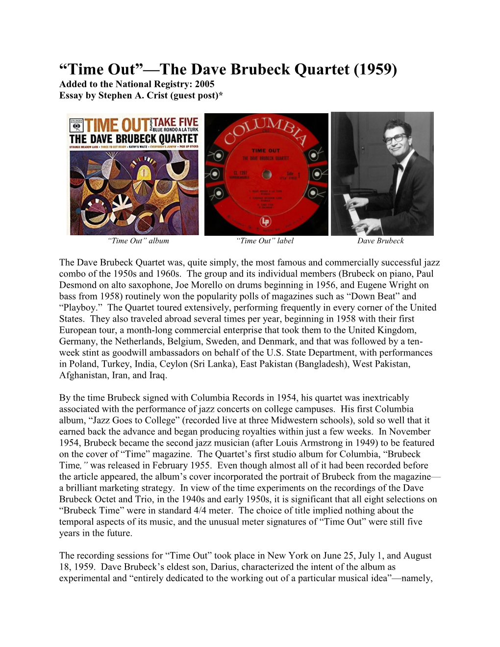 Time Out”—The Dave Brubeck Quartet (1959) Added to the National Registry: 2005 Essay by Stephen A