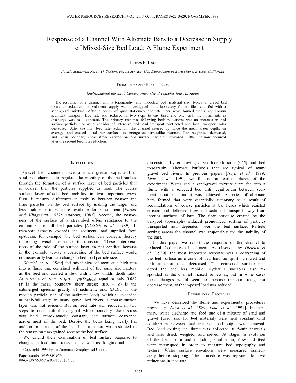 Response of a Channel with Alternate Bars to a Decrease in Supply of Mixed-Size Bed Load: a Flume Experiment