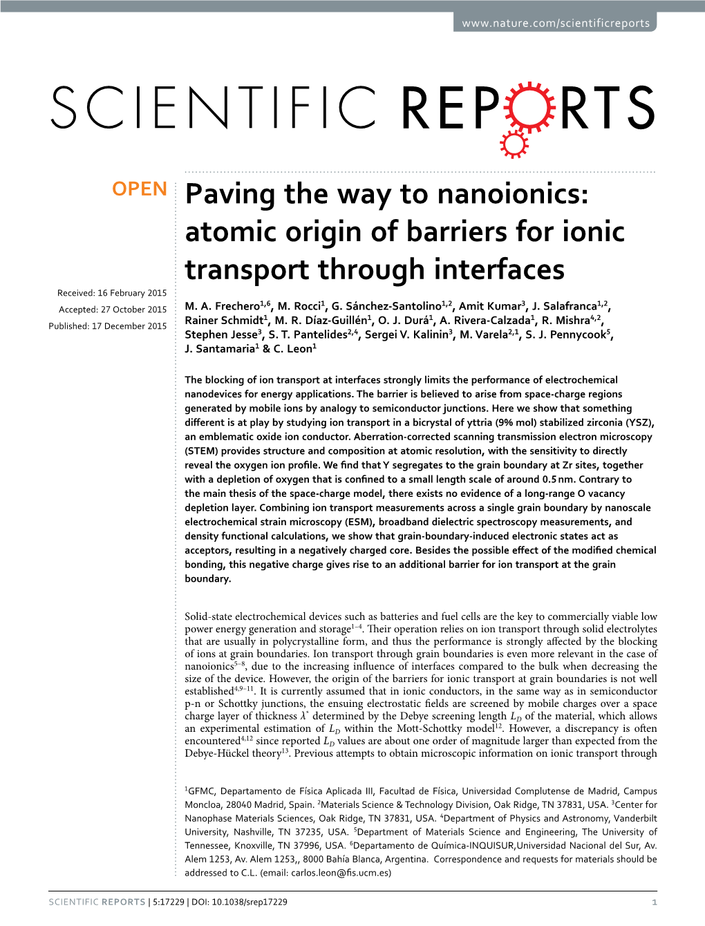 Atomic Origin of Barriers for Ionic Transport Through Interfaces Received: 16 February 2015 1,6 1 1,2 3 1,2 Accepted: 27 October 2015 M